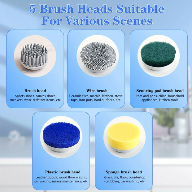 5 in 1 Electric Cleaning Brush Multifunctional Kitchen Bathroom Toilet Portable Powerful Clean Brush 5 Brush Heads LED Display