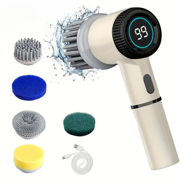 5 in 1 Electric Cleaning Brush Multifunctional Kitchen Bathroom Toilet Portable Powerful Clean Brush 5 Brush Heads LED Display